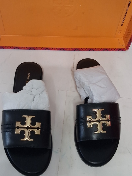 Tory Burch Shoes - Tory Burch Black Leather Slide Sandals with Gold Logo